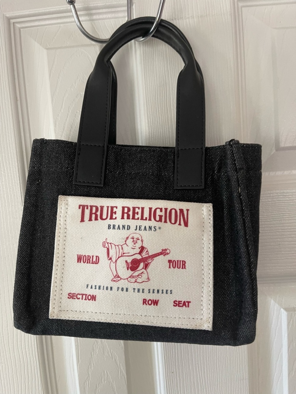 True Religion Black Denim Tote with Red Logo Patch
